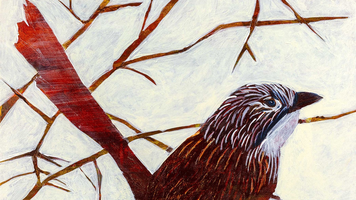 A stylized painting of a brown bird with a red tail perched on a branch against an off-white background with brown branches.